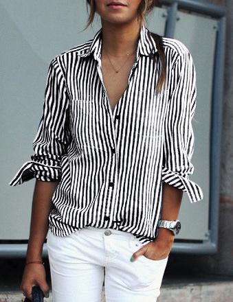 Romwe Black Lapel Vertical Striped Blouse