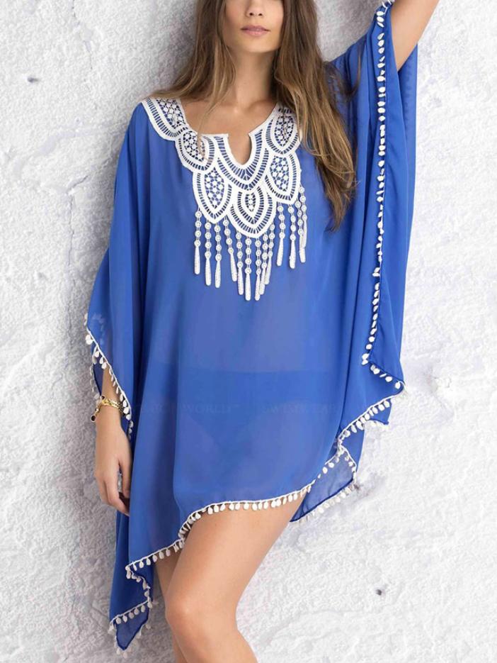 Romwe Lace Trimmed Blue Chiffon Poncho Blouse