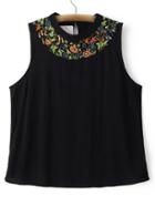 Romwe Black Sleeveless Embroidery Tank Top