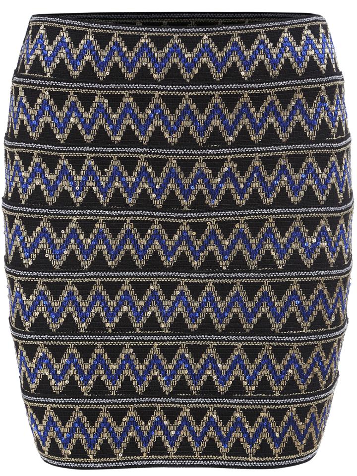 Romwe Zigzag Sequined Bodycon Black Skirt