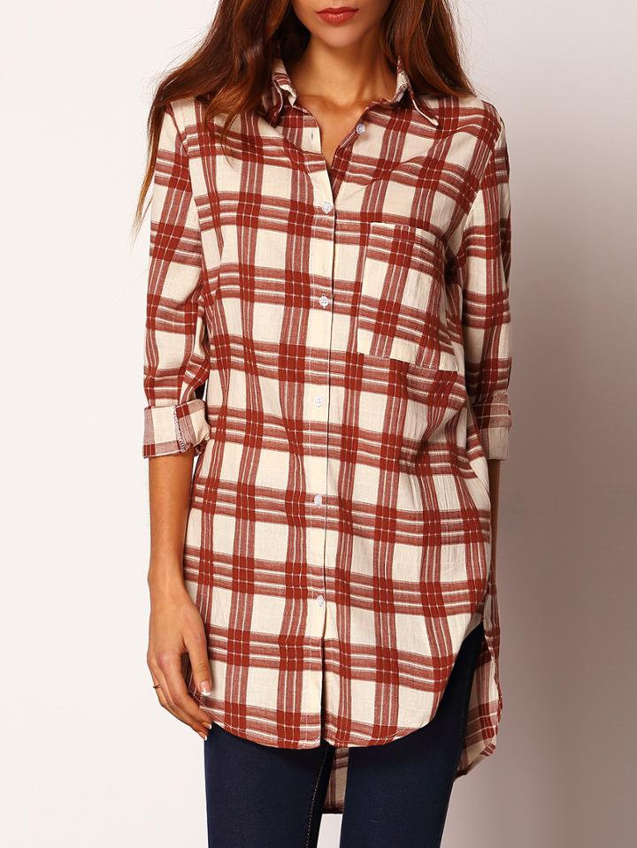 Romwe High Low Plaid Khaki Blouse
