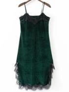 Romwe Green Eyelash Detail Velvet Cami Dress