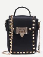 Romwe Black Studded Box Handbag With Chain