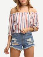 Romwe Blue & Red Striped Off-the-shoulder Blouse