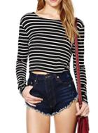 Romwe Black Long Sleeve Striped Crop T-shirt