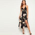 Romwe Large Floral Print Split Thigh Criss Cross Dress