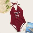 Romwe Lace-up Scalloped Trim One Piece Swimwear