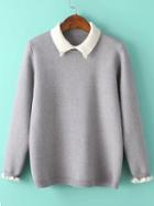 Romwe Contrast Lapel Ruffle Grey Sweater