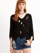 Romwe Black V Neck Ripped High Low Sweater