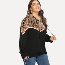 Romwe Plus Leopard Print Drawstring Hoodie