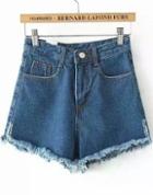 Romwe Blue High Waist Pockets Fringe Denim Shorts