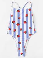 Romwe Watermelon Print Striped Swimsuit