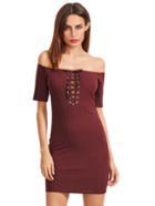 Romwe Burgundy Off The Shoulder Lace Up Back Bodycon Dress