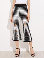 Romwe Striped Drawstring Waist Ripped Flare Crop Pants