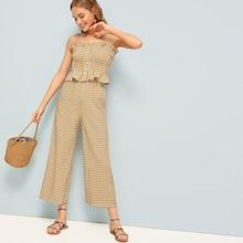 Romwe Plaid Print Shirred Ruffle Hem Cami Top With Pants