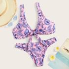 Romwe Random Floral Knot Front Top With Cheeky Bikini Set