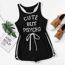 Romwe Letter Print Drawstring Waist Romper