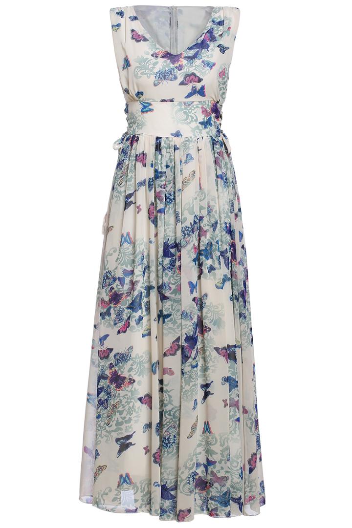 Romwe V Neck Butterfly Print Chiffon Dress