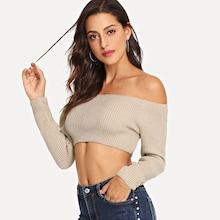 Romwe Ribbed Off The Shoulder Crop Jumper