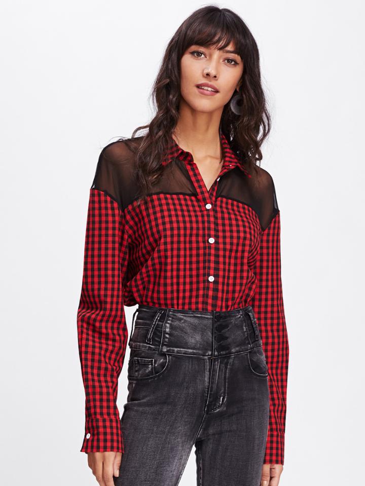 Romwe Mesh Shoulder Checked Single Breasted Shirt