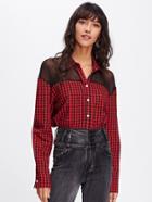 Romwe Mesh Shoulder Checked Single Breasted Shirt