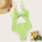 Romwe Gingham Cut-out Tie Front One Piece Swimsuit