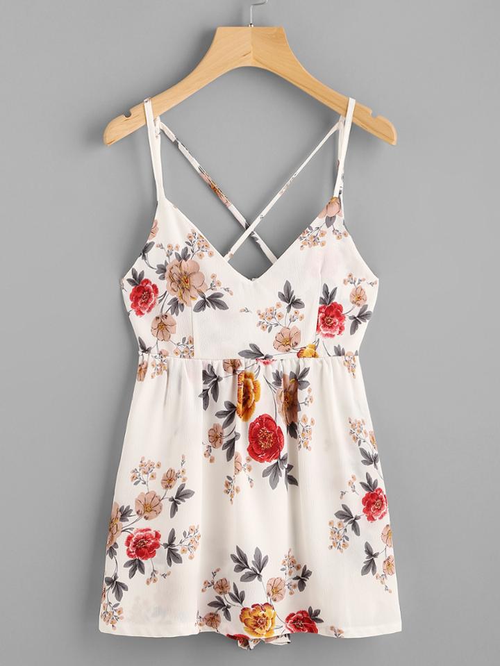 Romwe Floral Print Random Criss Cross Back Cami Romper
