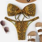 Romwe Leopard Print Bandeau With High Leg Bikini Set