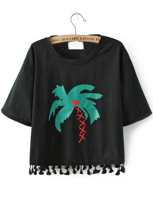 Romwe Coconut Tree Print Tassel Black T-shirt