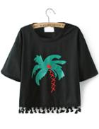 Romwe Coconut Tree Print Tassel Black T-shirt