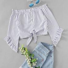 Romwe Striped Ruffle Trim Off The Shoulder Knot Blouse