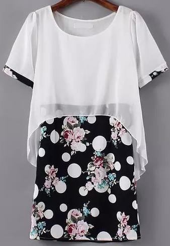 Romwe Round Neck Polka Dot Chiffon Navy Dress