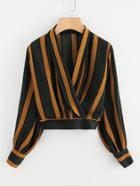 Romwe Lantern Sleeve Contrast Striped Wrap Top