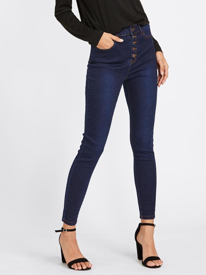 Romwe Dark Wash Button Front Tobacco Stitch Jeans