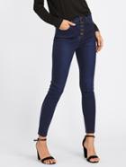 Romwe Dark Wash Button Front Tobacco Stitch Jeans