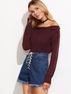 Romwe Burgundy Off The Shoulder Twisted Knit Trim Sweater