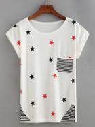 Romwe Star Print Striped Pocket T-shirt
