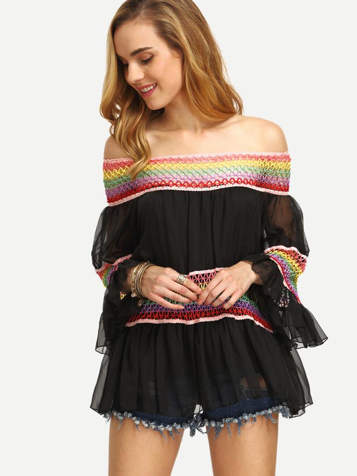 Romwe Black Off The Shoulder Rainbow Macrame Blouse