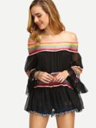 Romwe Black Off The Shoulder Rainbow Macrame Blouse