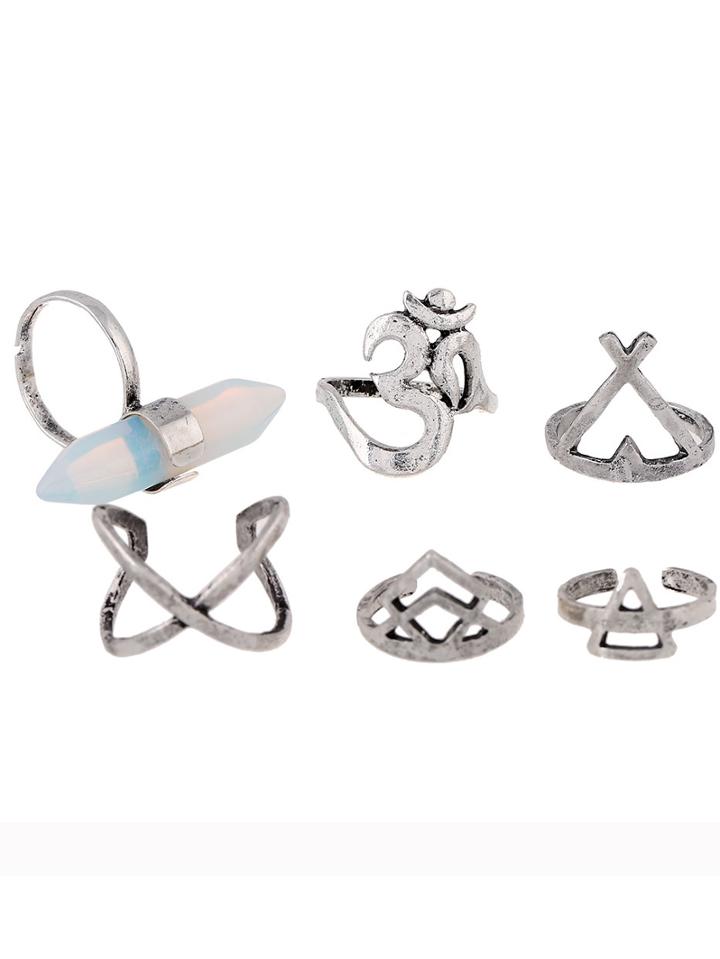Romwe Oversized Crystal Ring Set 6pcs