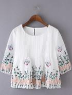 Romwe White Pleated Butterfly Embroidery Organza Blouse
