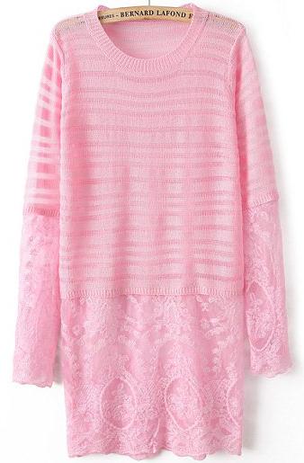 Romwe Sheer Lace Knit Pink Sweater