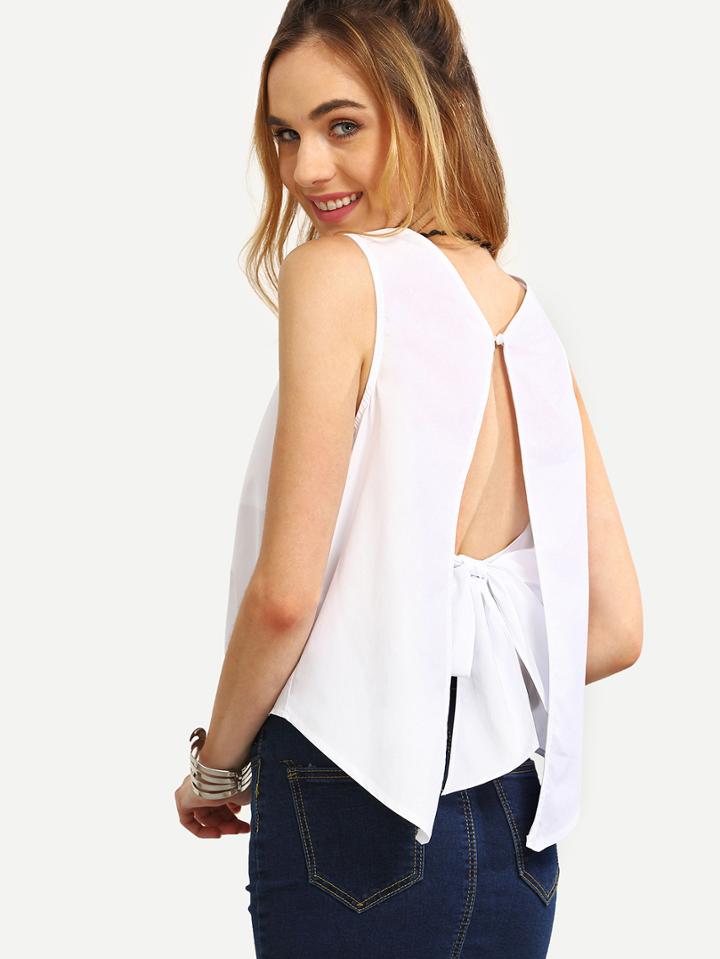Romwe V Neck Open Back Knotted White Dip Hem Sleeveless Top