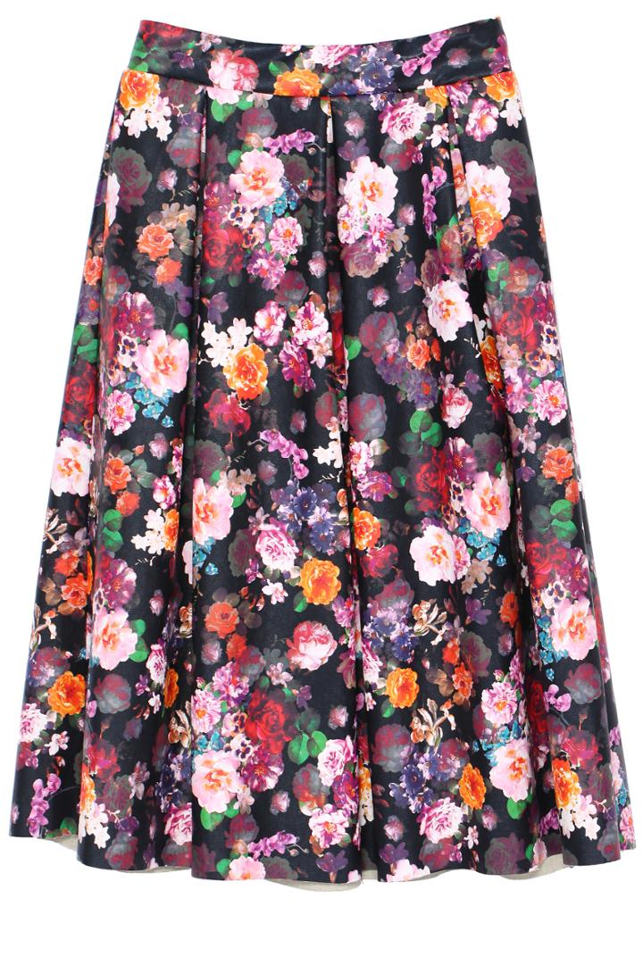 Romwe Blooming Flowers Flare Midi Skirt