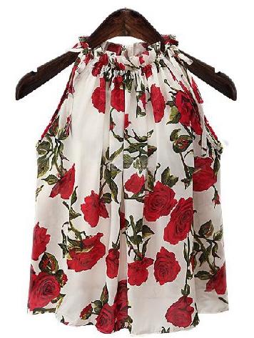 Romwe White Rose Print Ruffle Halter Neck Top