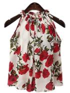 Romwe White Rose Print Ruffle Halter Neck Top