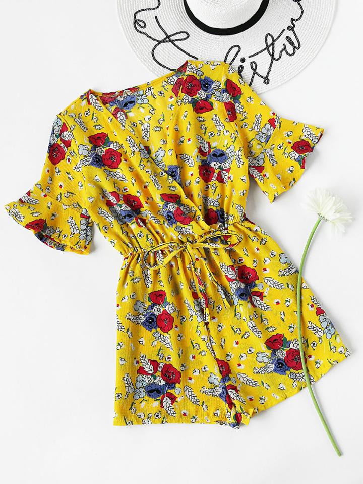 Romwe Floral Print Random Wrap Drawstring Waist Romper
