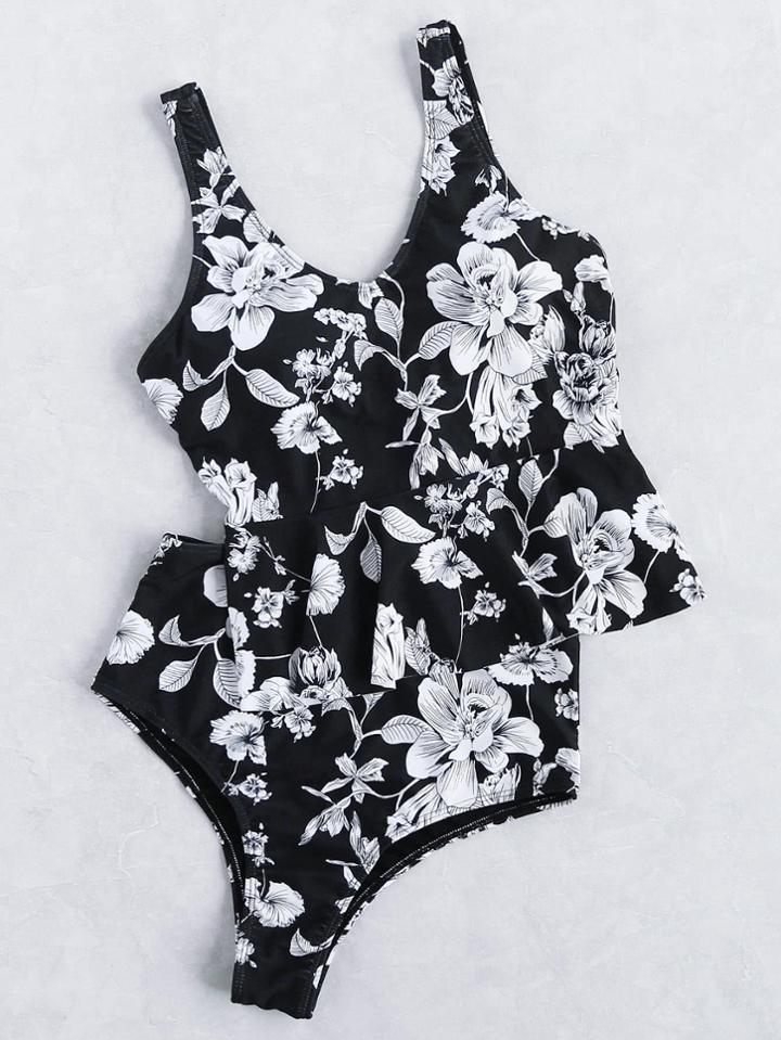Romwe Flower Print Ruffle Hem High Waist Tankini Set