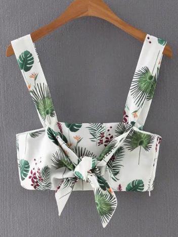 Romwe White Leaves Printed Bow Tie Crop Top