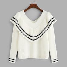 Romwe Double V Neck Striped Ruffle Sweater